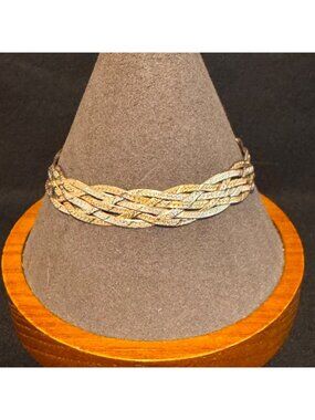 Gold Over Sterling Silver 925 Bi-Color Braided Herringbone Chain Necklace 7.5"